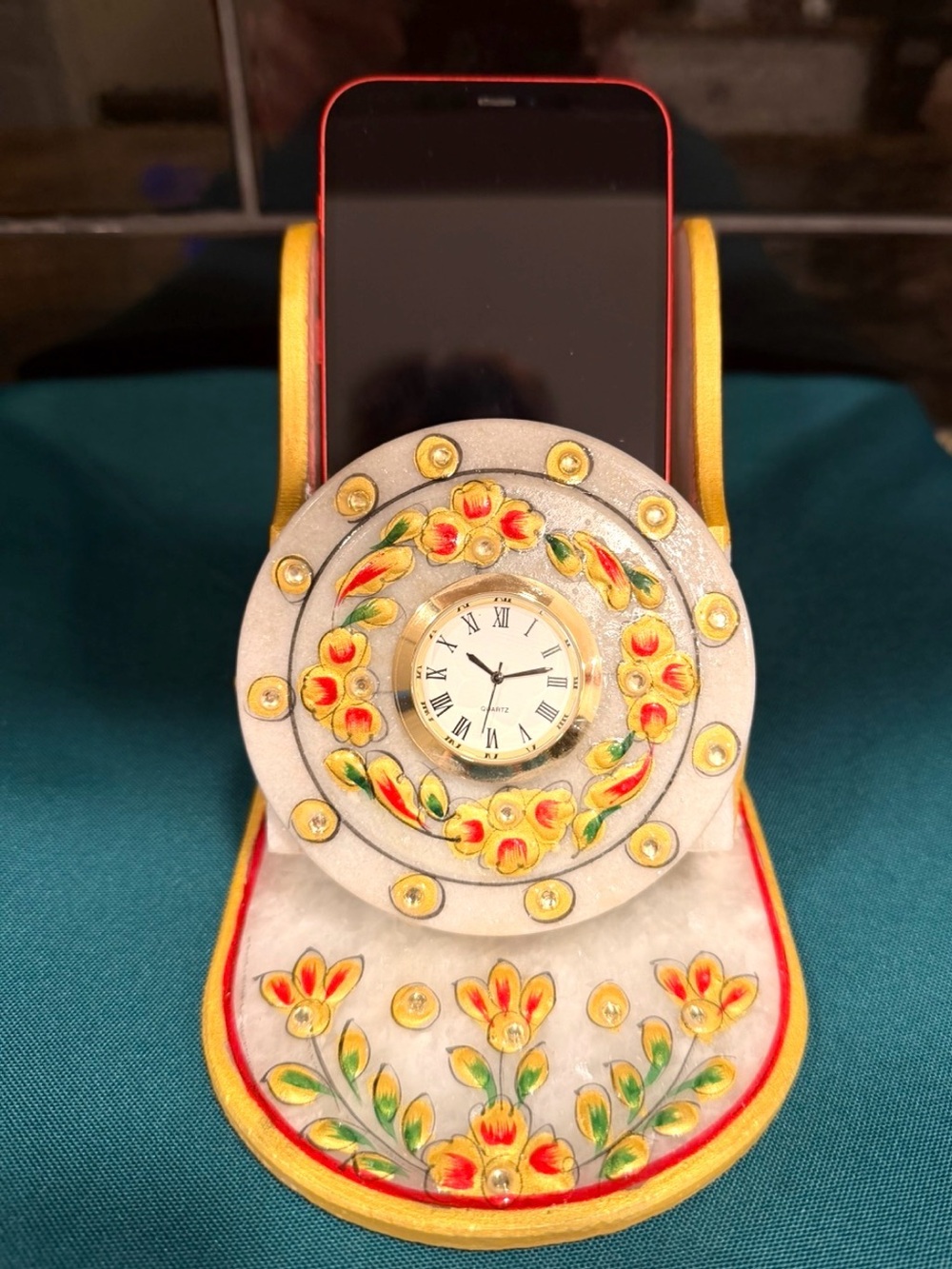 Beautiful hand painted white marble desk/table cell phone/clock with gold trim